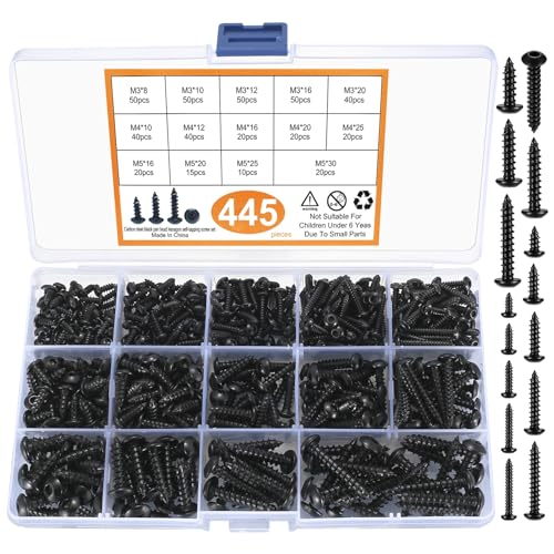 Tornillos Autoperforantes de 445 Piezas, Tornillos Hexagonales M3 M4 M5, Tornillos de Madera y Chapa, Cabeza Redonda, Hexagonal, de Setas, Lentejas y Avellanados, Set Completo de Tornillos