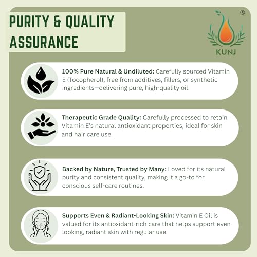Image of KUNJ Vitamin E Oil 30ml - 100% Pure & Natural, Non-Sticky & Lightweight Therapeutic Grade Oil for Face Serum, Brightening, Anti-Aging, Hair & Nail Care, DIY Beauty Blends