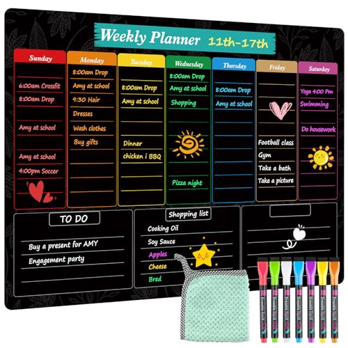 MaxGear Black Weekly Dry Erase Board,16"x12" Magnetic Whiteboard Meal Planner