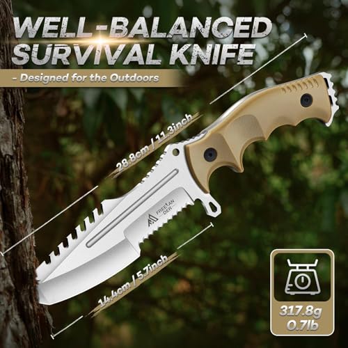 Freelander Outdoor Fixed Blade Knife, Full Tang D2 Steel Survival Knife with Kydex Sheath, Camping Bushcraft Knives with Ergonomic Handle