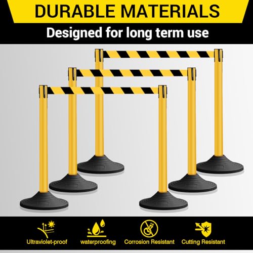VILBLE 10 ft Crowd Control Stanchion Set, Crowd Control Barrier, Stanchions with Retractable Belts & Base, Retractable Stanchions, Queue Management Stanchion (6 Pack) (Yellow)