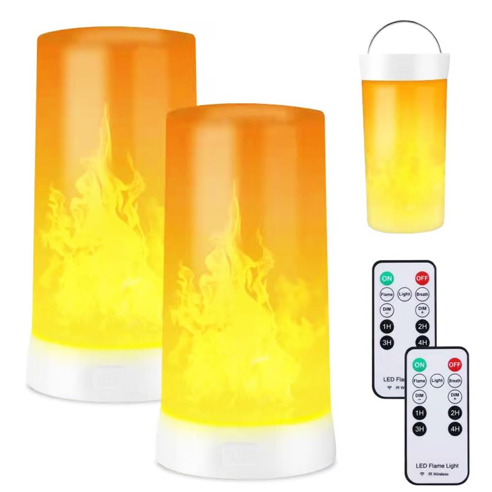Flame Effect Light, Set of 2 LED Table Lamps with 2 Remotes USB Rechargeable Desktop Lamp 4 Modes LED Flaming Fire Effect for Living Room, Bedroom Decoration, Christmas, Halloween, Party