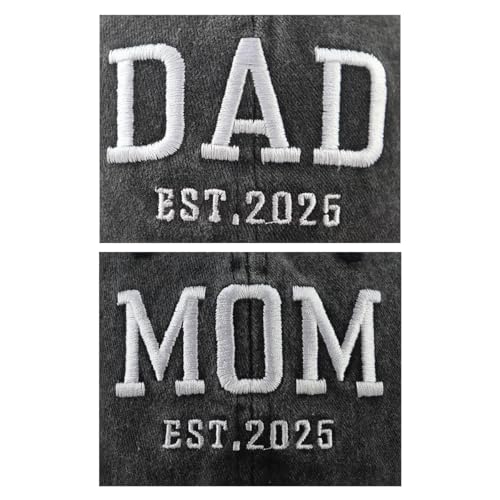 Image of 2PCS Mom and Dad EST 2025 Hat for Women Men, Funny Adjustable Cotton Embroidered New Parents Gifts Baseball Cap