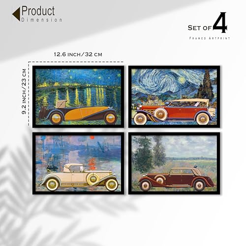 Image of Artistic Vintage Car Framed Wall Art Painting Set of 4 | Classic Automobile Artwork with Painterly Background for Living Room & Office Decor, 23x32 cm