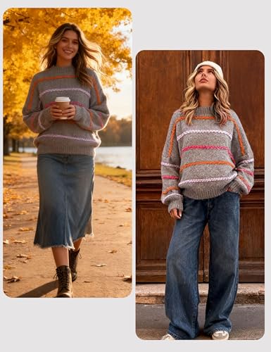Image of QIBABU Womens Striped Sweaters Casual Lantern Sleeve Color Block Knit Pullover Sweater Tops