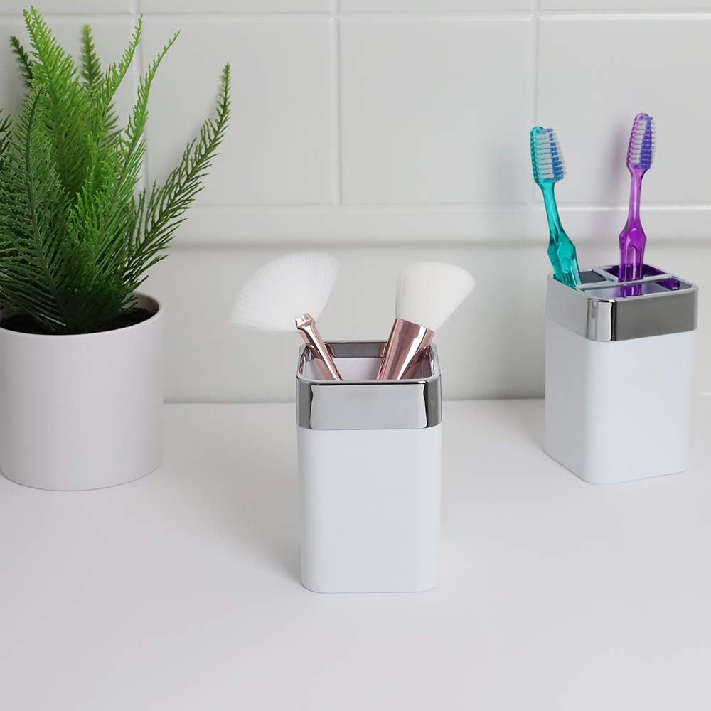 Home Basics Square Matte White with Chrome Trimmed Top Band Bathroom Accessory Cup 10 oz. ABS Break Resistant Plastic | Rounded Corners, Multi-Use Tumbler