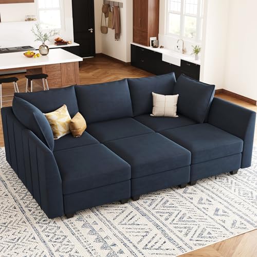 Belffin Modular Sectional Sofa Sleeper Couch with Storage Velvet Sectional Sofa Bed, 6 Seats, Blue - Thumbnail 4