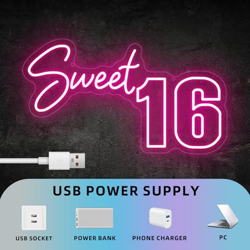 Image of Sweet 16 Neon Sign, Sweet Sixteen Party Supplies, USB Powered with Dimmer Switch 16th Birthday Party Sign 16.5x9.4 inch