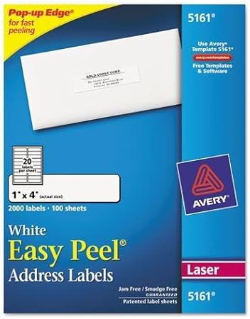 AVERY-DENNISON 5161 Easy Peel Laser Address Labels, 1 x 4, White, 2000/Box