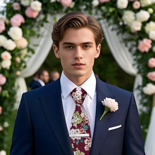 Image of YourTies Cotton Floral Tie for Men 2.5 inch Printed Skinny Necktie Pocket Square Tie Clip Set Flower Wedding Party Groom