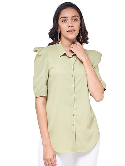Zima Leto Women’s Solid Green Formal Shirt | Polyester Button-Down Top with Pleated Puff Sleeves & Collared Neck | Regular Fit Stylish Office Shirt for Work, Meetings & Casual Outfits