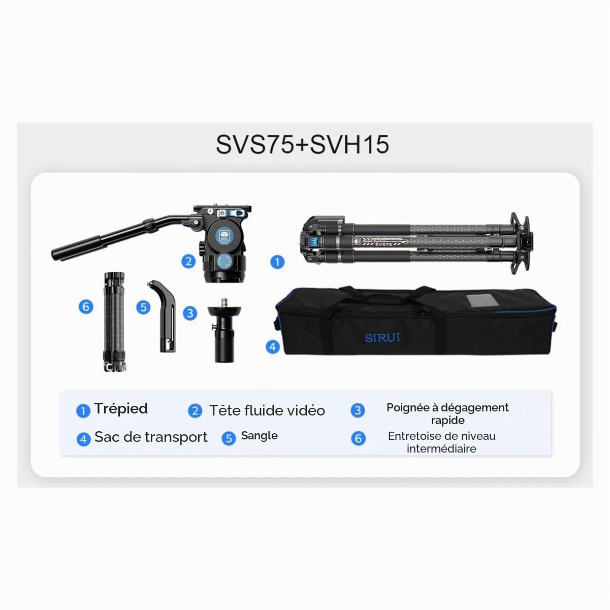 SIRUI Trépied Vidéo en Fibre de Carbone, Tête Fluide, Réglage de Hauteur en Une Étape, Écarteur de Niveau Moyen, Plaque QR Double Mode, Charge jusqu'à 25 kg