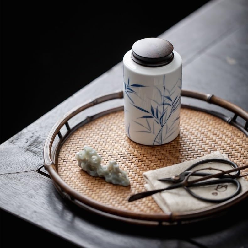 SONGCHAO Sugar Jar Hand-Painted Ceramic Tea Jar Ebony Lid Sealed Portable New Chinese Style Storage Tea Canister(A)