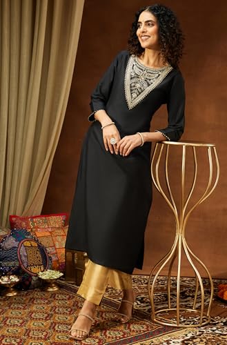 Image of Janasya Women's Black Chanderi Silk Yoke Embroidered Straight Kurta