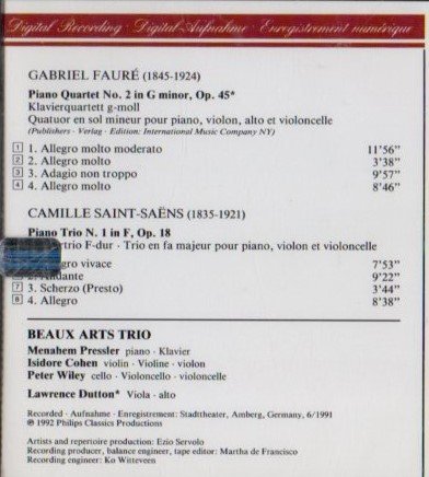 Saint-Saens: Piano Trio No 1; [Audio CD] Beaux Arts Trio;