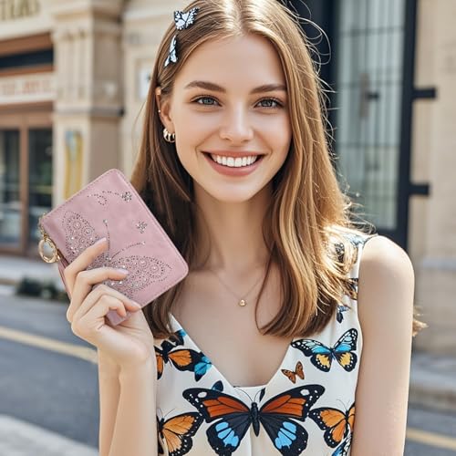 Women RFID Blocking Small Bifold Wallet, Compact Cash Clutch with Zipper Coin Pocket, Glittery Butterfly Design, Credit Card Holder, Travel Purse with Tassel PURPLE4