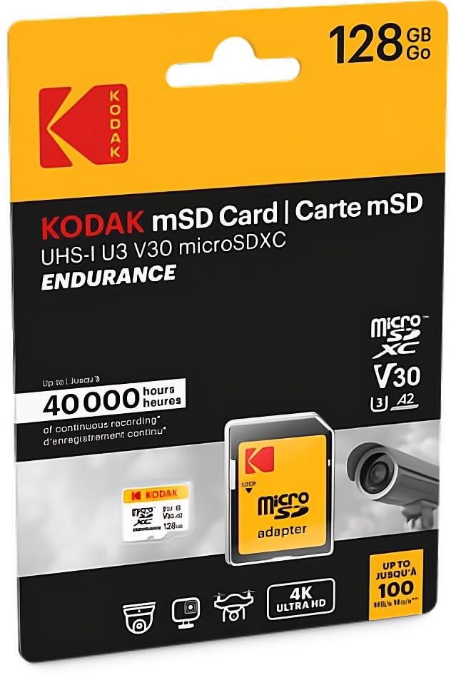 Kodak Carte MicroSD 128Go Haute Endurance + Adaptateur SD | UHS-I U3 A2 V30 | UHS-I U3, A2, V30