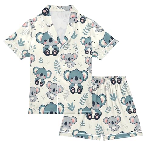 ALAZA Cute Koala Bear Leaves Pajamas Satin Pajama Set Short Sleeve Button Down Sleepwear