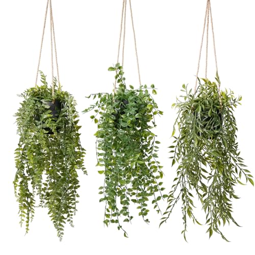 PENGYEE 3 Packs Fake Hanging Plants with Pots, 20' Fake Vines for Wall Decor, Fake Fern Plants...