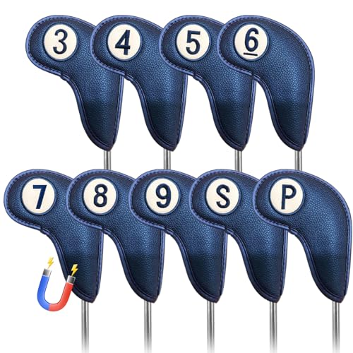 ゴルフアイアンカバー マグネット式開閉 ゴルフヘッドカバー ウェッジカバー 高級 PUレザー 軽量 防水 耐摩耗 番号刺繍 ヘッド保護カバー LT-016