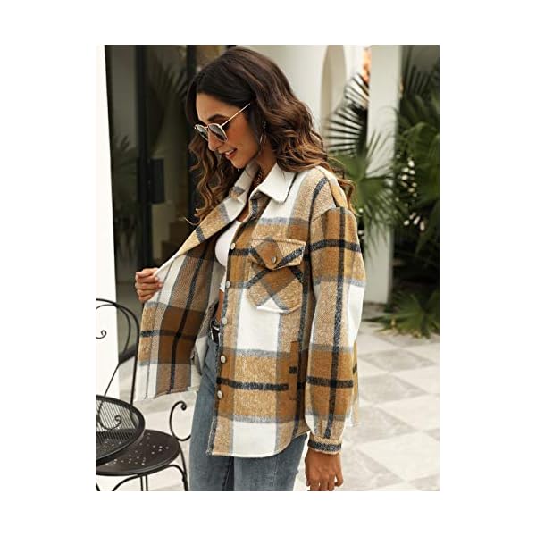 UANEO Womens Plaid Shacket Button Down Wool Blend Fall Flannel Shirt Jacket (Khaki-M)