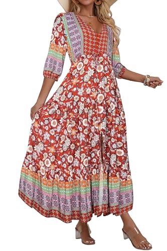 Image of Women Short Sleeve V Neck Floral Print Casual Bohemian Maxi Dresses