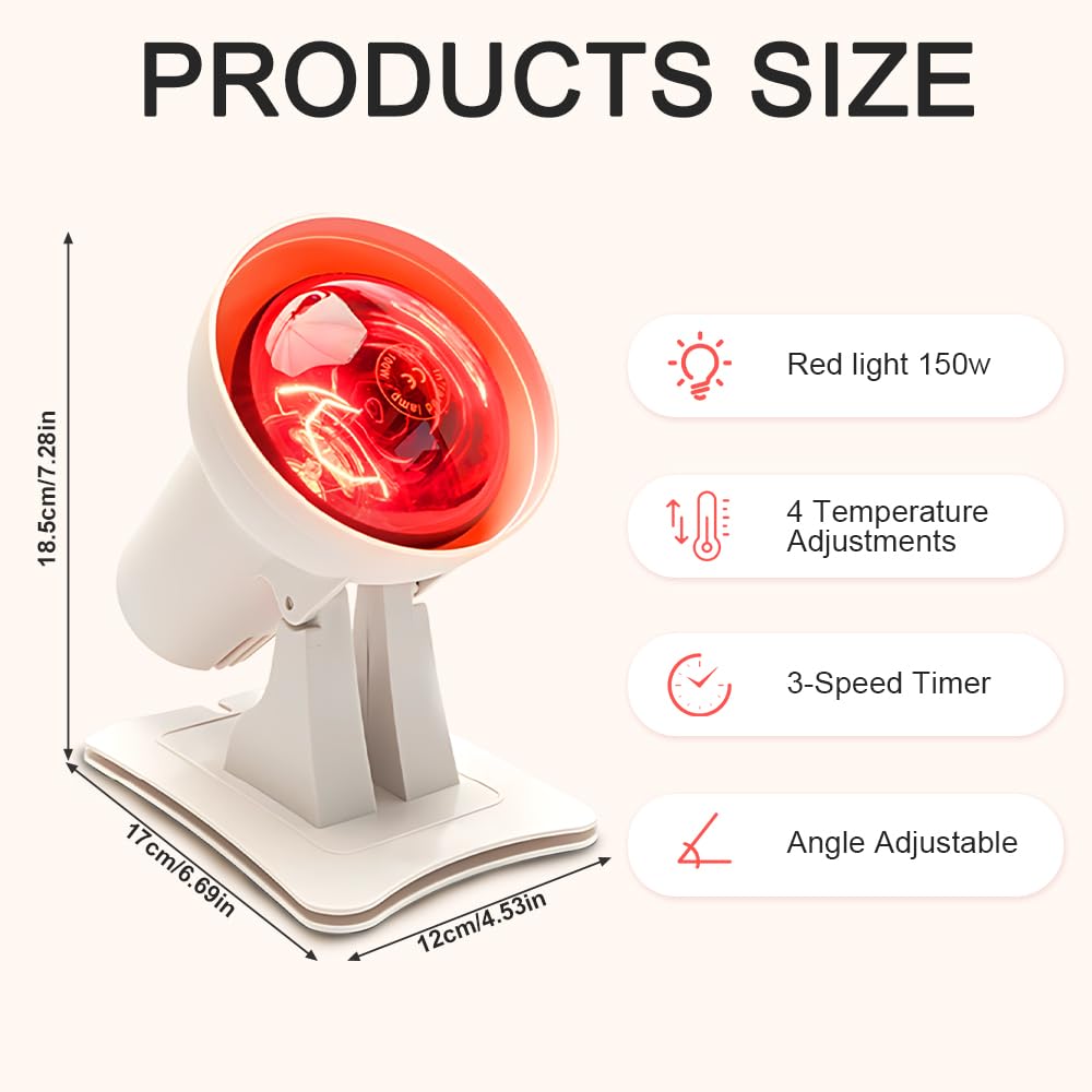 Rotlichtlampe, 150W Infrarotlampe, Rotlichtlampe Wärmelampe mit 4 Wärmestufen und 3 Zeitoptionen, Einstellbarer Winkel Rotlichtlampes Therapie, Infrarot Wärmelampe für Zuhause