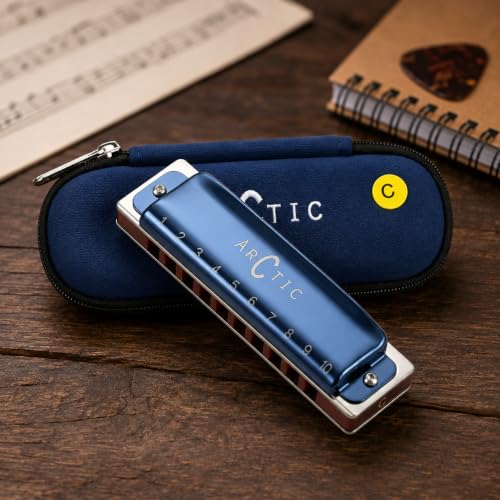 Image of ARCTIC C Key 10-Hole 20-Tone Premium Harmonica With Case & Cloth - Blue | Excellent Airtightness, Smooth Airflow, Easy Playability, Bright Clear Tone, ABS Comb, Brass Reeds, Beginner Friendly