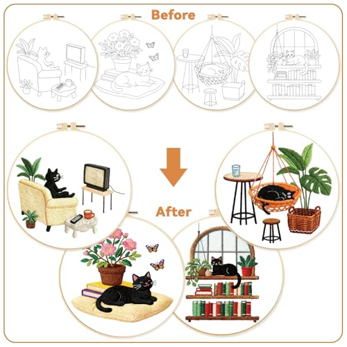 Image of BEUNITONE 4 Set Embroidery Kit for Beginners, Daily Life of Cats Patterns Cross Stitch Kits, Needlepoint Kits for Adults with Hoop, Cute Hand Embroidery Patterns for Cloth and Home Decor