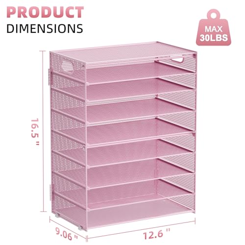 Image of Marbrasse Paper Organizer Letter Tray, 9 Tier Mesh File Organizer with Handle, Paper Sorter Desk Organizer for Home Office Supplies - Pink
