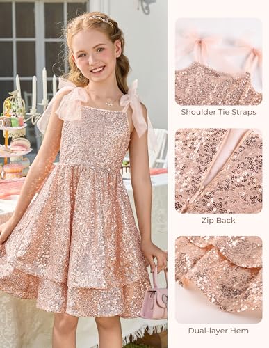 GRACE KARIN Girls Rose Gold Sequin Sparkly Dresses Size 10 Teen Girl Formal Party Dress Kids Short Fancy Dance Dress — view 3