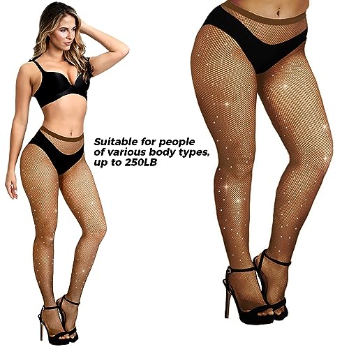 Buauty 2 pcs Sparkly Fishnet Stockings For Women,Rhinestone Fishnets Tights, Fishnet Tights Plus size, Fish Nets Fits All3