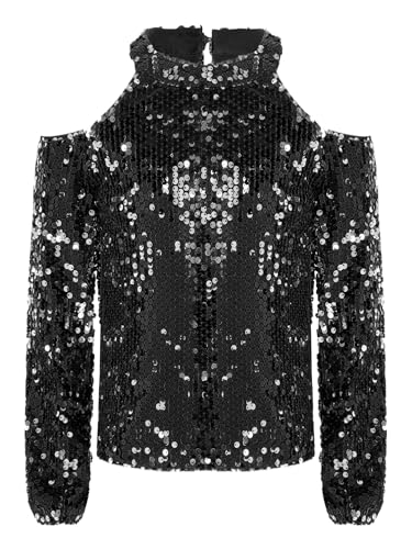 Girls Sparkly Sequin Tops Elegant Off Shoulder Glitter Long Sleeve Dressy Party Blouse Shirts