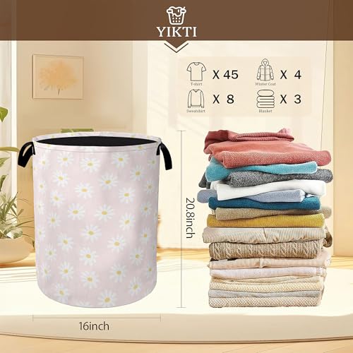 Image of Pink Daisy Flower Laundry Hamper,Spring Floral Clothes Hamper for Laundry,Waterproof Oxford Toy Storage Collapsible Hampers for Bedroom, Dorm Room,Bathroom,16x20 Inch