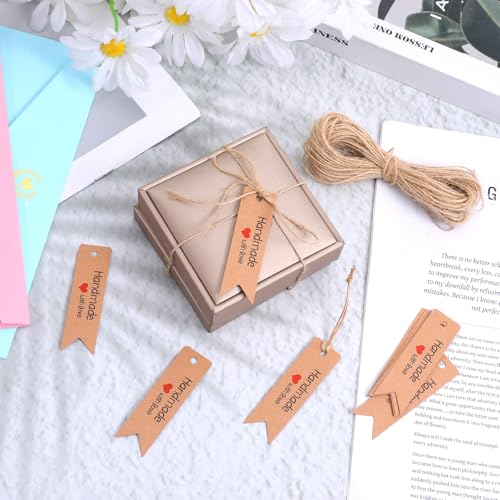 Handmade Label 100 Stück, Geschenkanhänger Handgefertigte Etiketten, Personalisierte Handgefertigt mit Liebe, braune Geschenk-Etiketten, Basteln, Handgefertigtes Geschenk