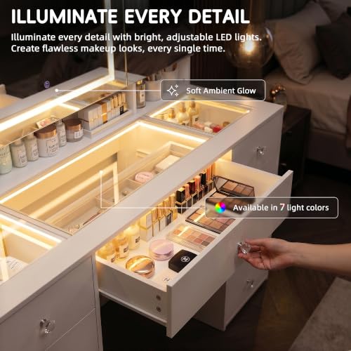 Image of YESHOMY Makeup Table with Power Outlet and Hair Dryer Holder, 3 Folden Mirror with Hidden Storage Shelves, 3 Drawers and 2 Storage Cabinet, for Bedroom, White