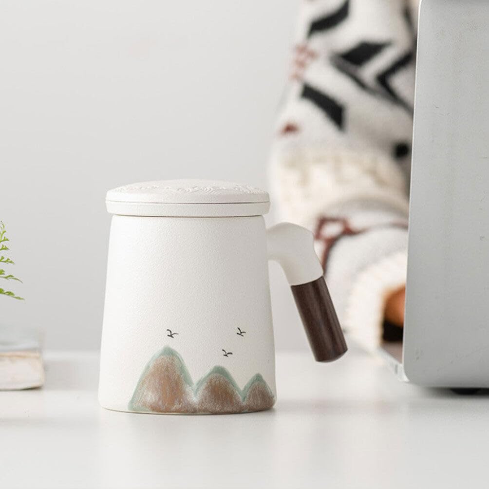 Alipis Tasse à Thé Poignée en Bois avec Infuseur et Couvercle en Céramique Filtre à Thé Intégré Design Blanc Élégant Usage Domestique et Bureau