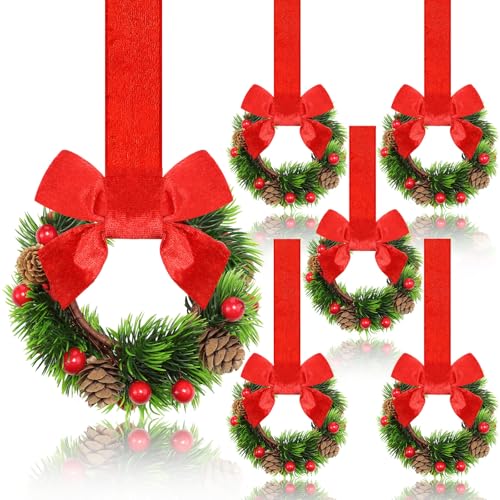Image of Dingion 6 Pcs 6 Inch Christmas Mini Cabinet Wreaths for Kitchen with Ribbon Bows Pinecone Berry Small Window Wreath Garland for Door Window Farmhouse Christmas Party Decorations