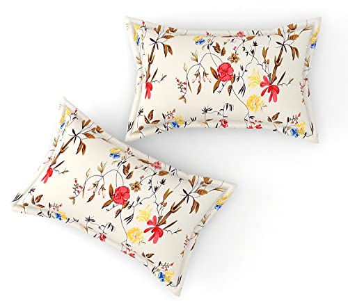 Image of 280 TC Fitzy Fitted Bedsheet Queen Size, Elastic Bedsheet, 60x78 + 10 Inches Drop, with 2 Pillow Covers (Fitzy-Twill-Multi-Flower)