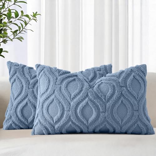 Image of decorUhome Fall Throw Pillow Covers 12x20 Inch Set of 2, Soft Plush Faux Wool Dusty Blue Solid Couch Pillow Covers, Accent Farmhouse Neutral Rectangle Pillow Cases for Sofa Bed Living Room