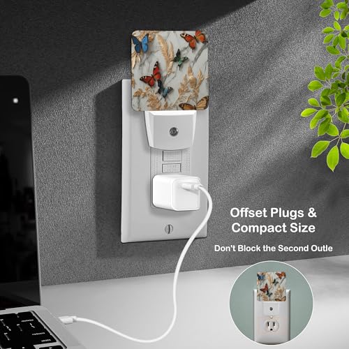 Image of LED Night Light Lamp with Smart Sensor Dusk to Dawn Sensor,Marble with Feathers Flowers and Butterflies Night Light Daylight White,0.5W Plug-into Wall for Adults,Bedroom,Hallway,Kitchen