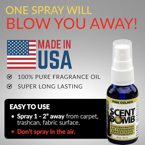 Image of Scent Bomb Air Freshener Spray, Long-Lasting Odor Eliminator - Effective Deodorizer for Home & Car, Fresh Room Spray for Kitchen, Bathroom & Smell Neutralizer - 1 oz Pack of 4, Pina Colada Scent