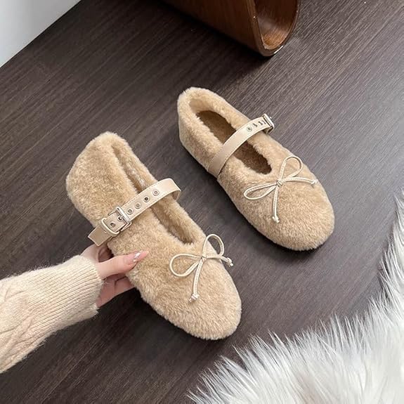 Fur Ballet Flats with Buckle for Women Comfy Faux Shearling Mary Jane Flats Comfy Cute Faux Fur Flat Shoes for Women3