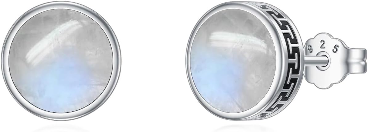 Natural Gemstone Stud Earrings for Men 925 Sterling Silver Male Earrings with Round Genuine Gemstone Jewelry Gifts for Father Husband Boyfriend Male Friend