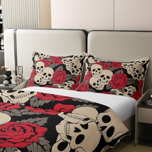 Sugar Skull 100% Cotton Duvet Cover Double,Red Floral Comforter Cover,Gothic Skull Print Bedding for Kids Boys Girls Teens Adult,Horror Skeleton Bones Quilt Cover with 2 Pillow Cases Halloween Decor - Image 4