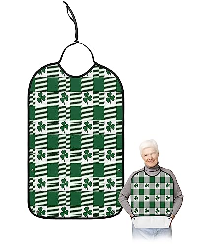 St. Patrick's Day Adult Bibs for Eating, Waterproof Bibs with Food Catcher & Adjustable Snap Closure, Green Buffalo Plaid Lucky Clover Washable Clothing Protectors Adult Bibs for Elderly Women/Men