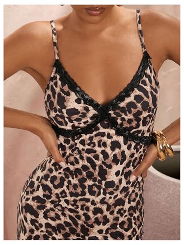 GORGLITTER Women's Cheetah Leopard Print Bodycon Maxi Dress Y2K Animal Print Lace Spaghetti Strap Cami Dresses4