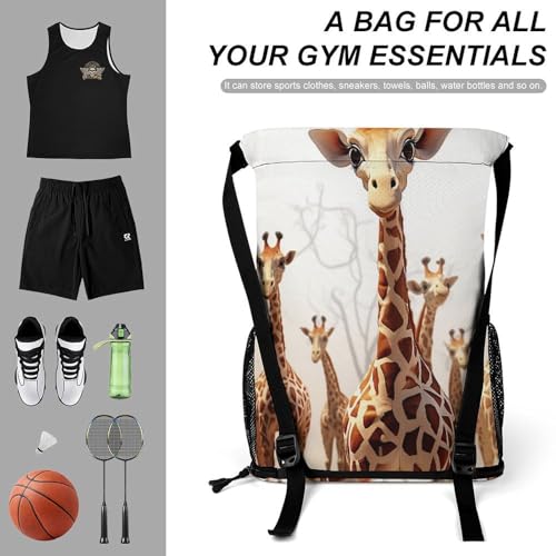 Waterproof Drawstring Gym Backpack with Shoe Compartment & Wet-Proof Pocket - Lightweight 28L Cartoon Giraffes Sports Backpack Travel Workout String Bag for Yoga Swim3