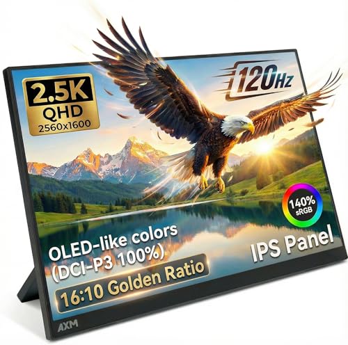 Image of AXM 16 inch Portable Monitor 2.5k QHD IPS 120Hz Flicker-Free 400 Nits 140% sRGB(OLED-Like Colors) USB-C HDMI 2nd Monitor for Switch (Dock-Free), Windows, MacBook, Phone, Xbox (16 inch QHD)