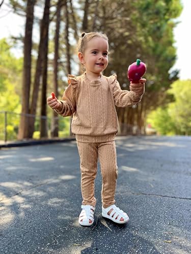 Image of Arshiner Toddler Girl 2Pcs Ribbed Knit Clothes Ruffle Trim Long-sleeve Pullover Sweatshirt and Leggings Fall Outfits 1-6T
